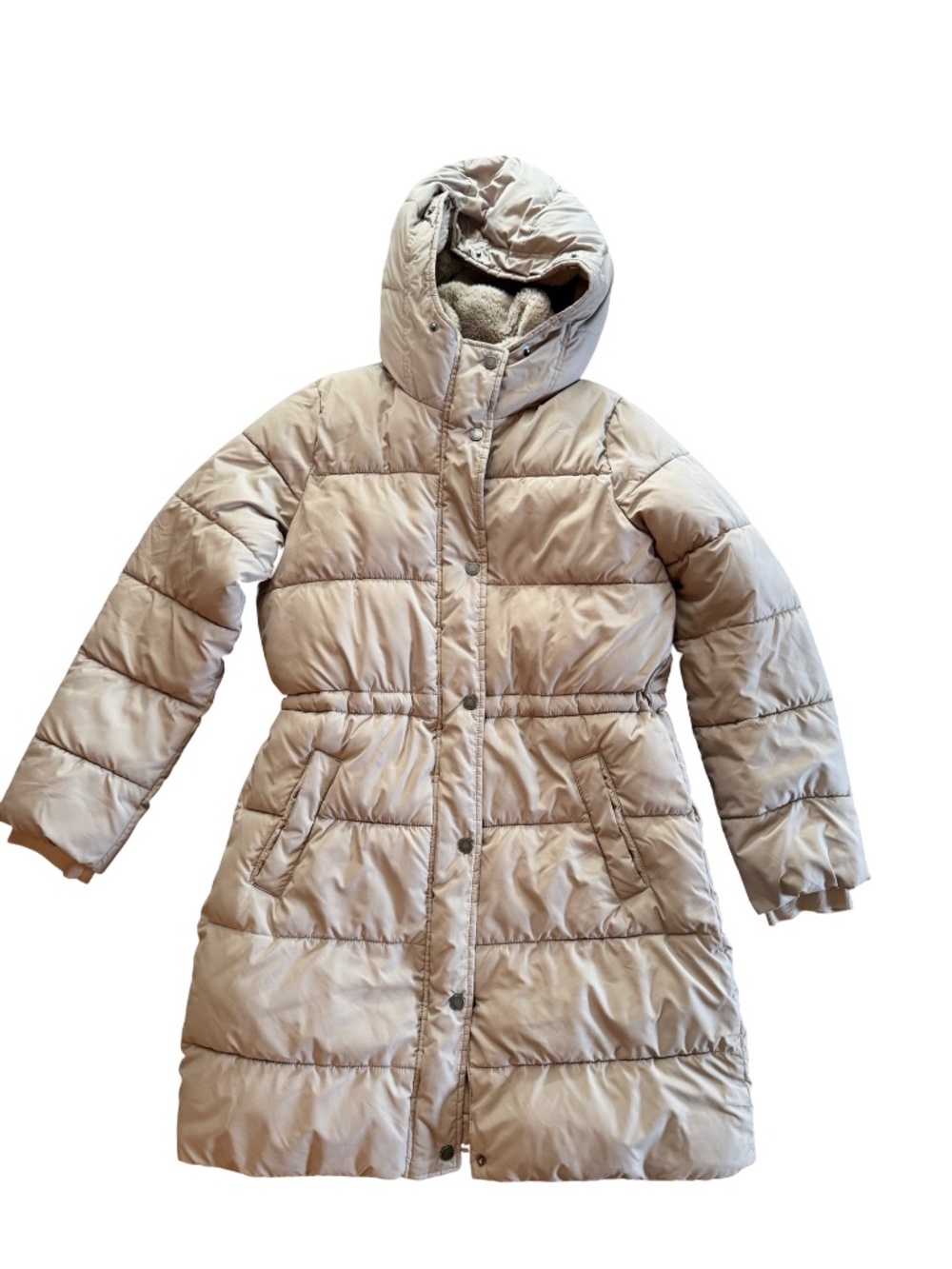 Hollister high neck faux fur lined puffer parka jacket in gray beige size Medium